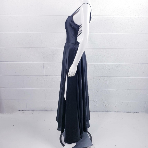 B Smart Black Satin Gown Formal Dress Prom Homecoming Open Back Front Slit Sz 9 - Picture 5 of 15